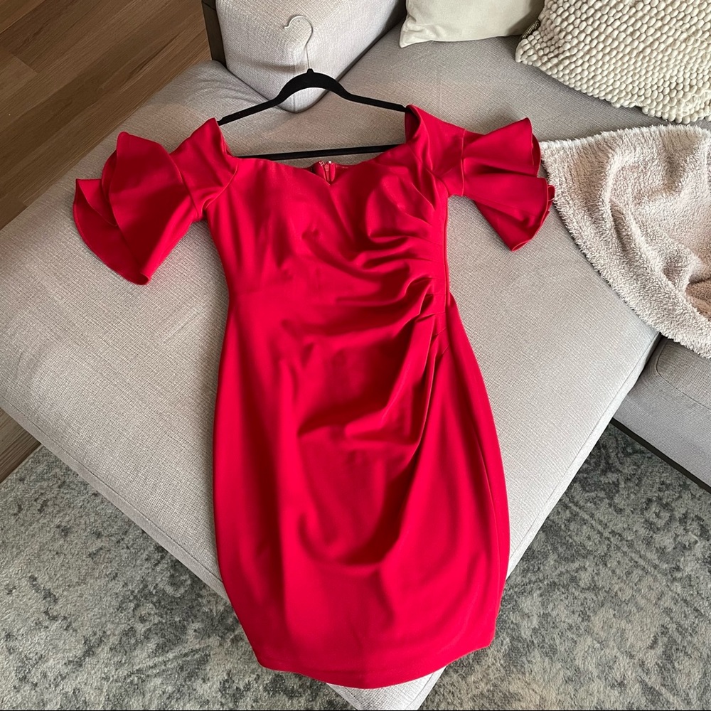 Calvin Klein red off-the-shoulder midi dress with sweetheart neckline
